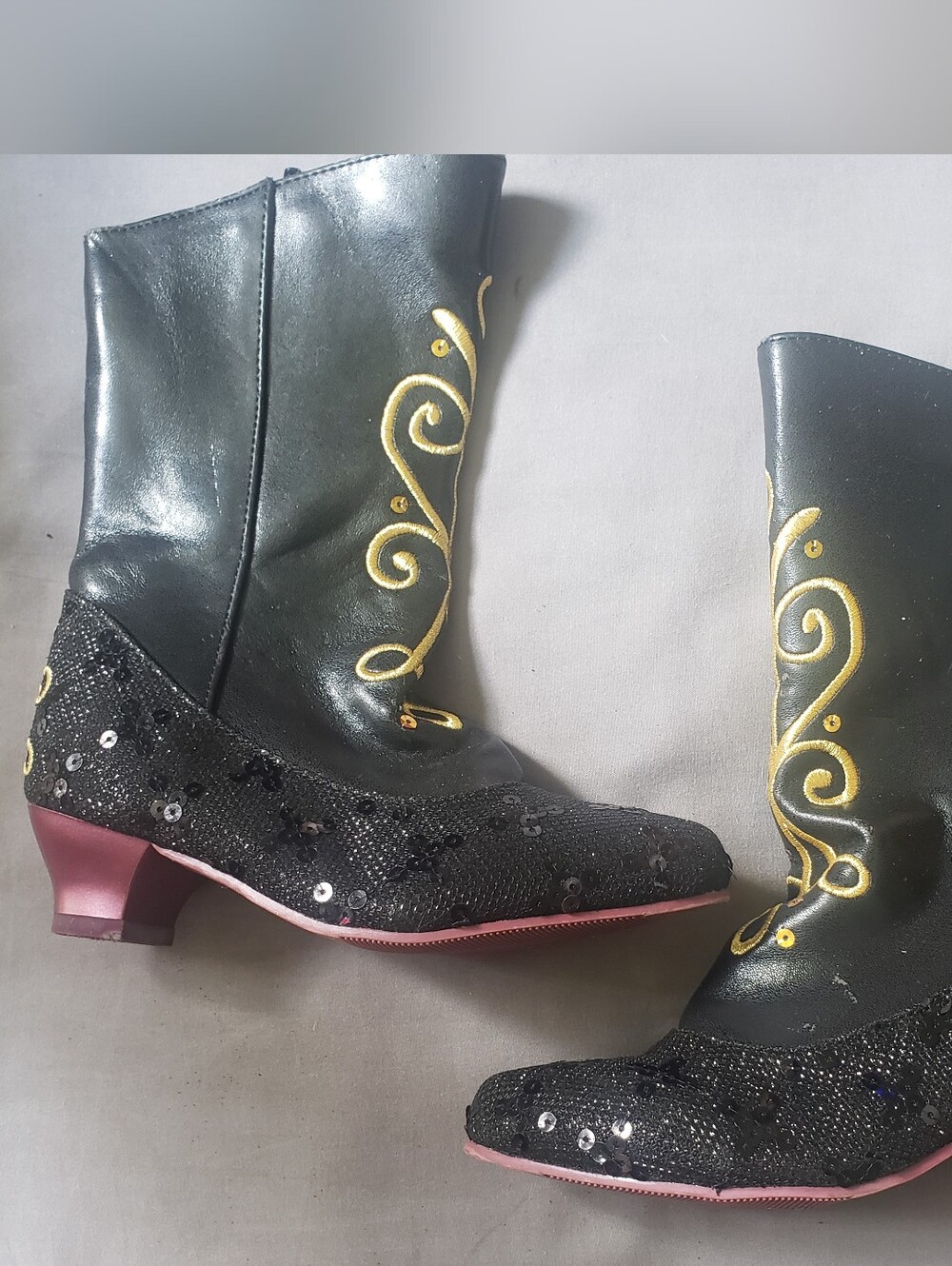Disney Frozen Girls Size 11/12 Black Sequin Mid-Calf Boots with Gold Embroidery